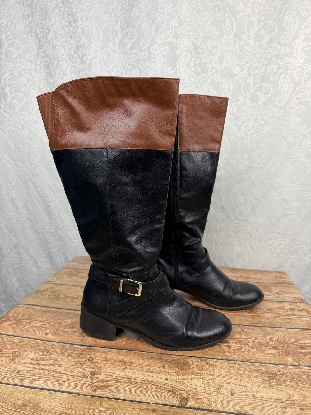 Style & Co Women's Tall Knee High Boots Black Brown Colorblock Buckle Size 9W